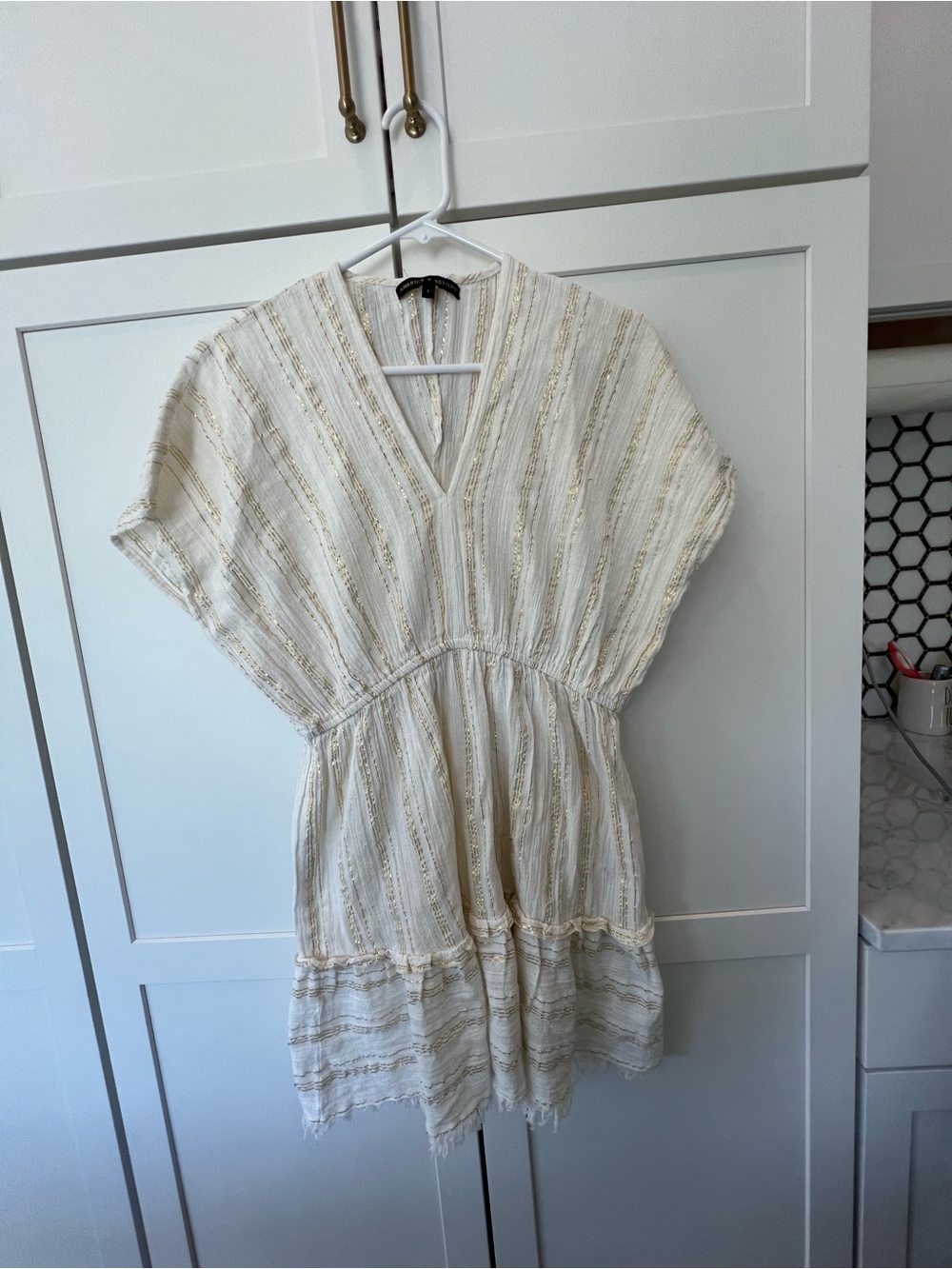 Cream Mini Dress with Gold Stripe Detail - V-Neck Gathered Waist